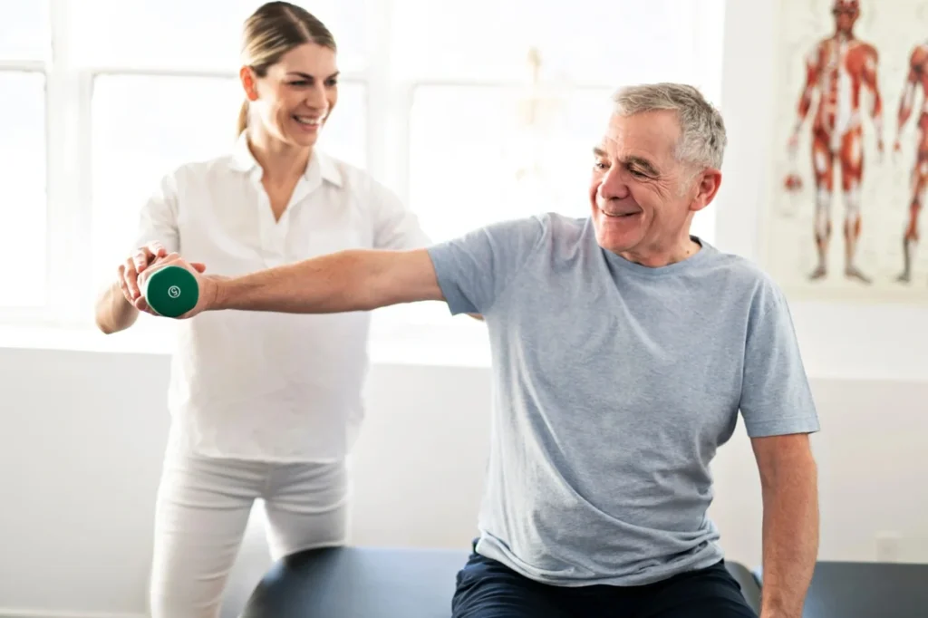 Senior man doing physical therapy with trainer in rehab clinic at Sanaa Wellnesss