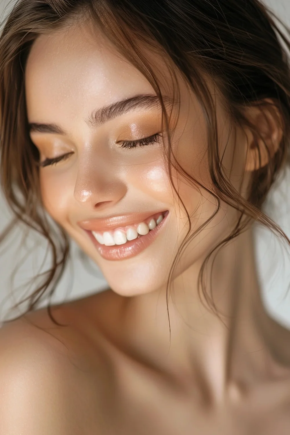 Smiling woman with glowing skin and tousled hair, eyes closed with soft natural light in St. Kitts | Sanaa Wellness